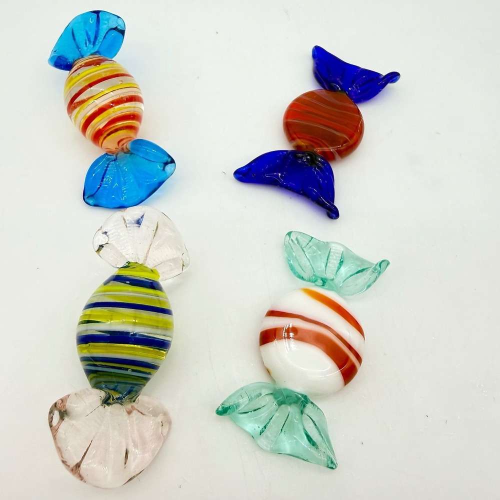 Vtg Murano Style Hand Blown Art Glass Candy Lot 4 Striped Bonbon 2" Mini